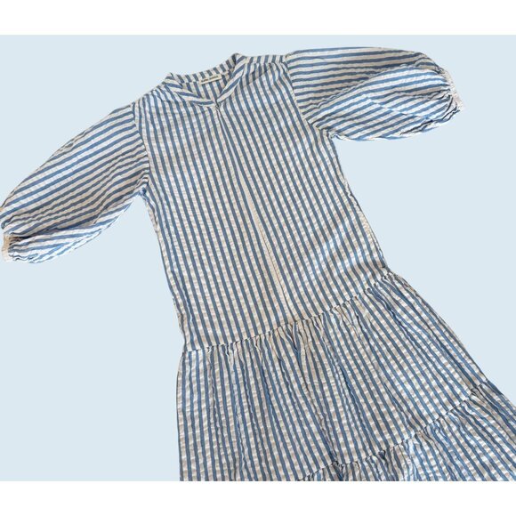 ROLLER RABBIT Blue & White Striped Drop Waist Bubble Sleeve Dress Sz XS - Picture 1 of 8